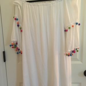 Off The Shoulder Dress w/Colorful Pom Pom Sleeves
